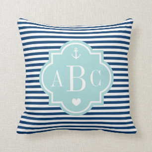 Nautical navy blue and white striped throw pillow