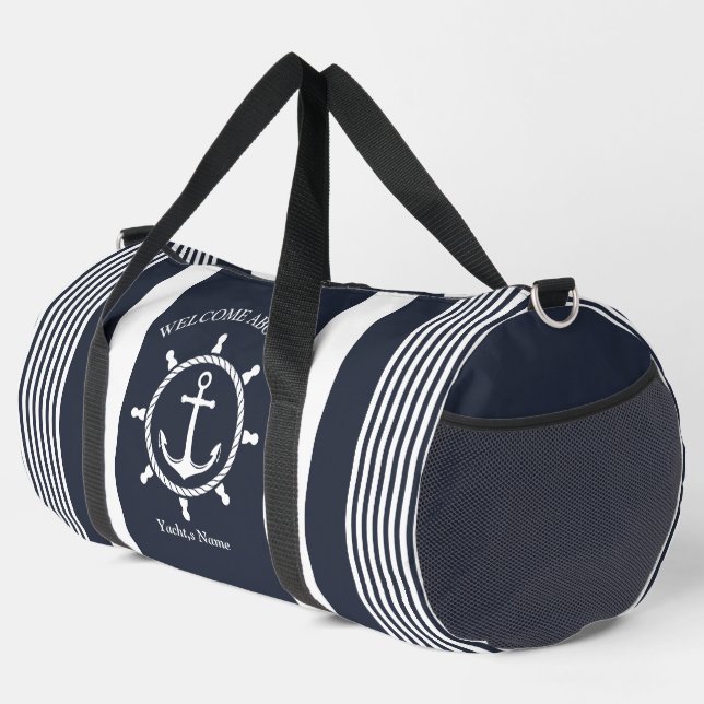 Nautical Navy blue and white striped with Anchor Duffle Bag (Right Corner)