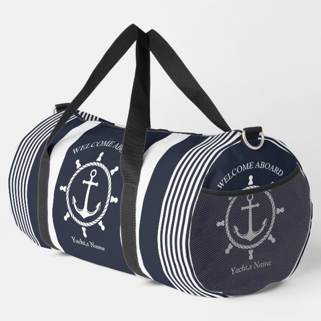 Nautical Navy blue and white striped with Anchor Duffle Bag (Right Corner)