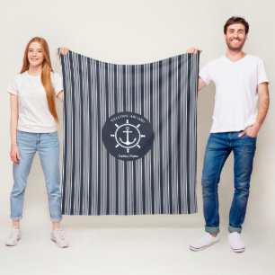 Nautical Navy blue and white striped with Anchor Fleece Blanket