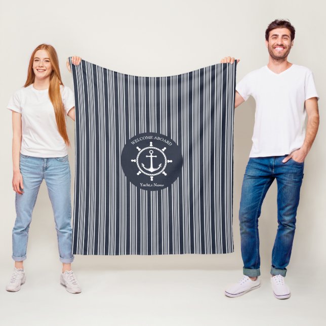 Nautical Navy blue and white striped with Anchor Fleece Blanket (In Situ)