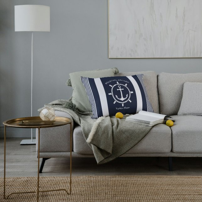 Nautical Navy blue and white striped with Anchor Lumbar Cushion (Creator Uploaded)