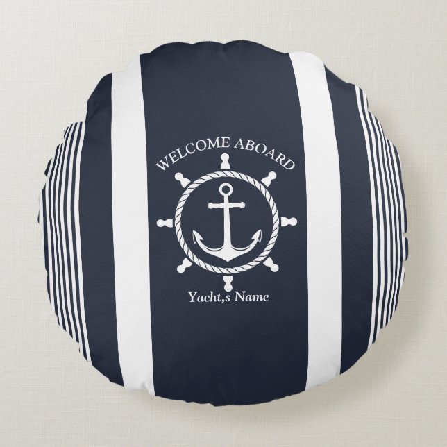 Nautical Navy blue and white striped with Anchor Round Cushion (Front)