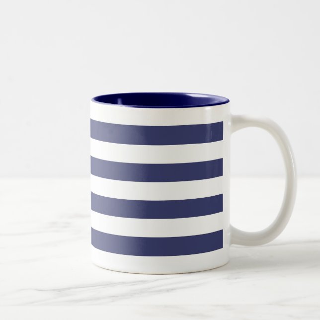 Nautical Navy Blue and White Stripes Two-Tone Coffee Mug (Right)