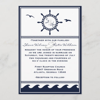 Nautical navy blue and white wedding invitations