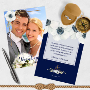 Nautical Navy Blue Anemone Wedding Photo Thank You Card