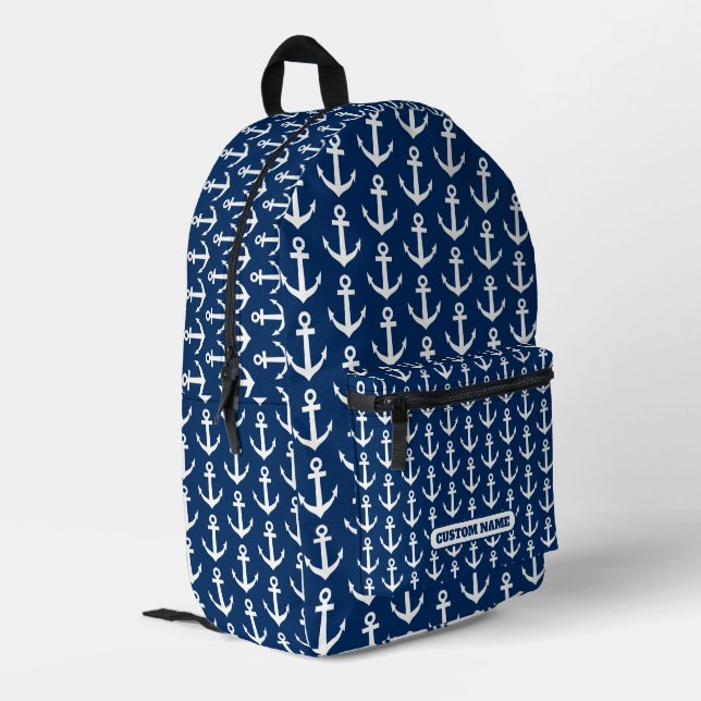 Nautical navy blue backpack with boat anchor print (Back Corner Left)