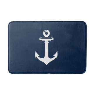 Nautical Navy Blue Bath Mat with White Anchor