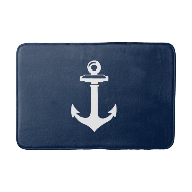 Nautical Navy Blue Bath Mat with White Anchor (Front)