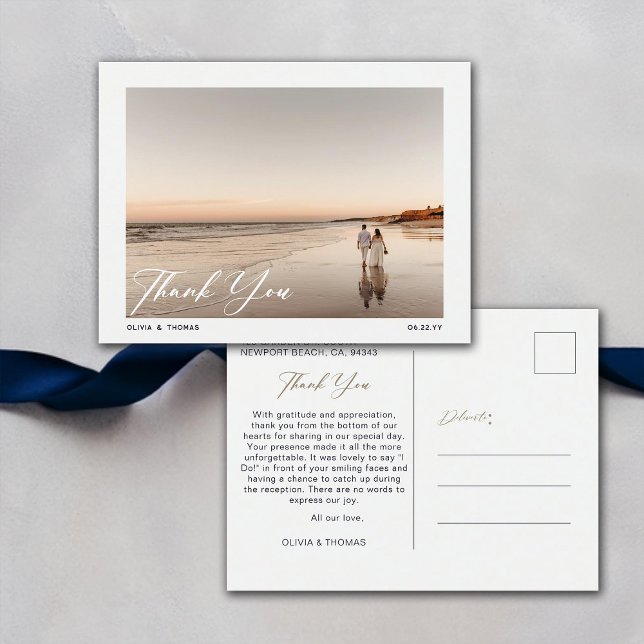 Nautical Navy Blue Beach Wedding Photo Thank You Postcard (nautical navy beach wedding photo thank you postcard modern romantic elegant bohemian summer winter)