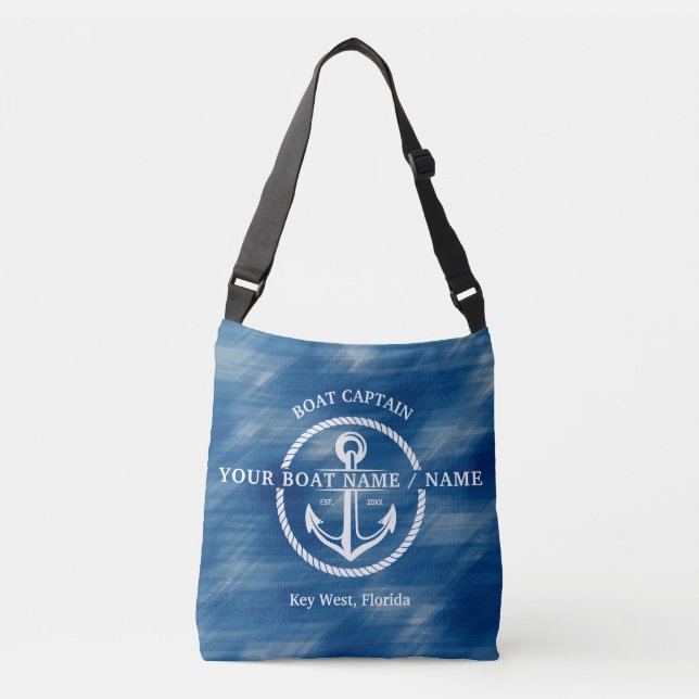 Nautical Navy Blue Boat Captain Name Anchor Crossbody Bag (Front)