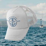 Nautical Navy Blue Boat Captain Name Anchor Trucker Hat<br><div class="desc">Nautical Navy Blue White Pattern Boat Captain Name Anchor and Rope Design. Beautiful navy blue nautical circular rope border,  anchor and custom text. Personalise with your name,  boat name or text. Unique and original design by Golden Bloom Home.</div>