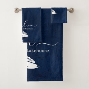 Nautical navy blue boat monogram bath towel set