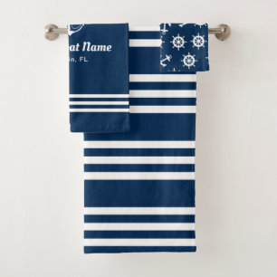 Nautical Navy Blue Boat Name Anchor Bath Towel Set