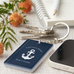 Nautical Navy Blue Boat Name Anchor Key Ring