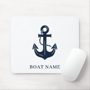 Nautical Navy Blue Boat Name Anchor Mouse Pad