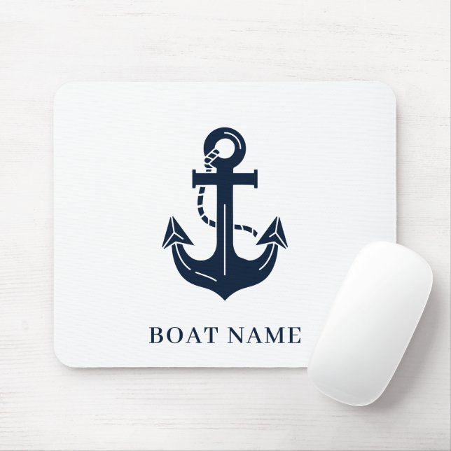 Nautical Navy Blue Boat Name Anchor Mouse Pad (With Mouse)