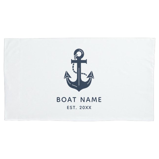 Nautical Navy Blue Boat Name Anchor Pillowcase (Front)