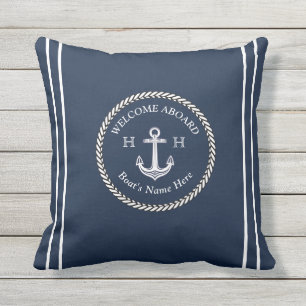 Nautical Navy Blue Boat Name Anchor Rope Cushion