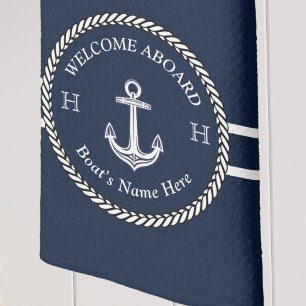 Nautical Navy Blue Boat Name Anchor Rope Tea Towel