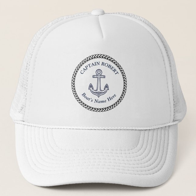 Nautical Navy Blue Boat Name Anchor Rope    Trucke Trucker Hat (Front)