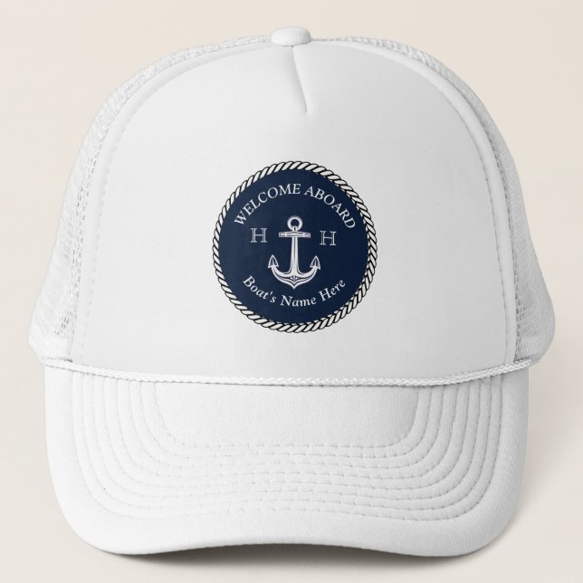 Nautical Navy Blue Boat Name Anchor Rope    Trucker Hat (Front)