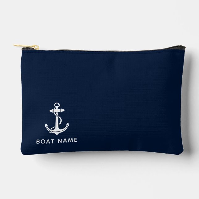 Nautical Navy Blue Boat Name Custom Cruise Swag Accessory Pouch (Front)