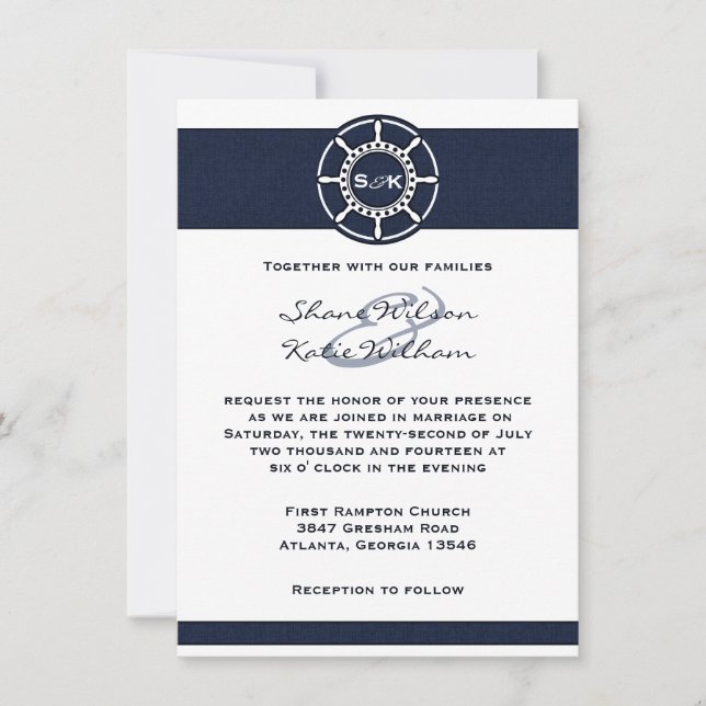 Nautical Navy Blue Boat Wheel Wedding Invitation (Front)