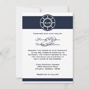 Nautical Navy Blue Boat Wheel Wedding Invitation