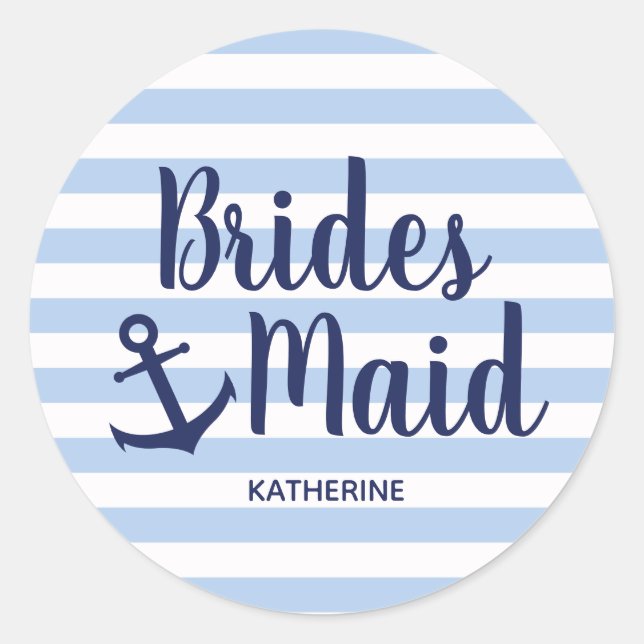 Nautical navy blue bridesmaid with anchor & stripe classic round sticker (Front)