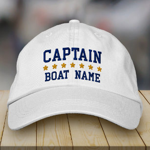 Nautical Navy Blue Captain Your Boat Name White Embroidered Hat