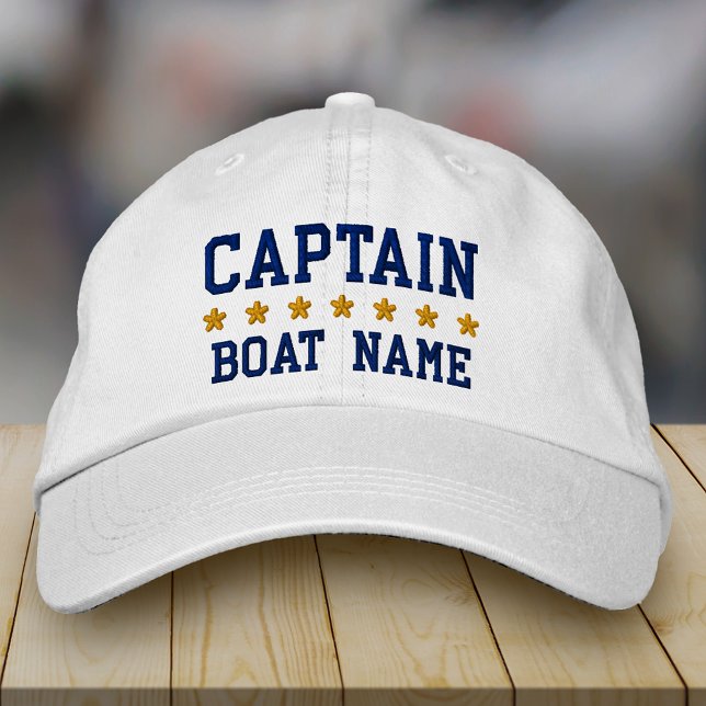 Nautical Navy Blue Captain Your Boat Name White Embroidered Hat (Choose from a variety of hat colors.)