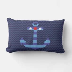 Nautical Navy Blue Chevron   Blue Anchor Lumbar Cushion