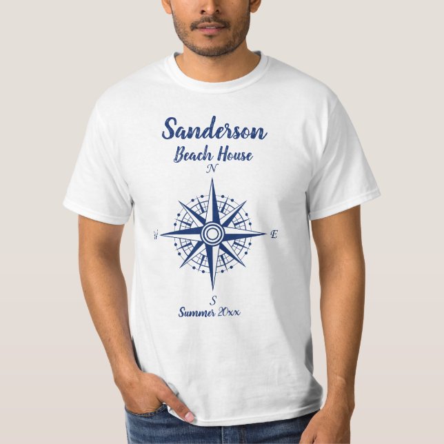 Nautical Navy Blue Coastal Compass beach house T-Shirt (Front)