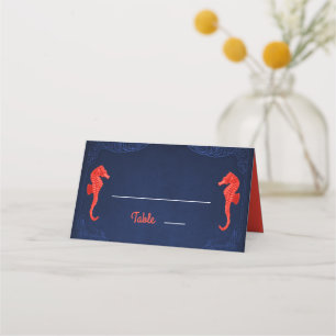 Nautical Navy Blue Coral Seahorses Beach Wedding Place Card