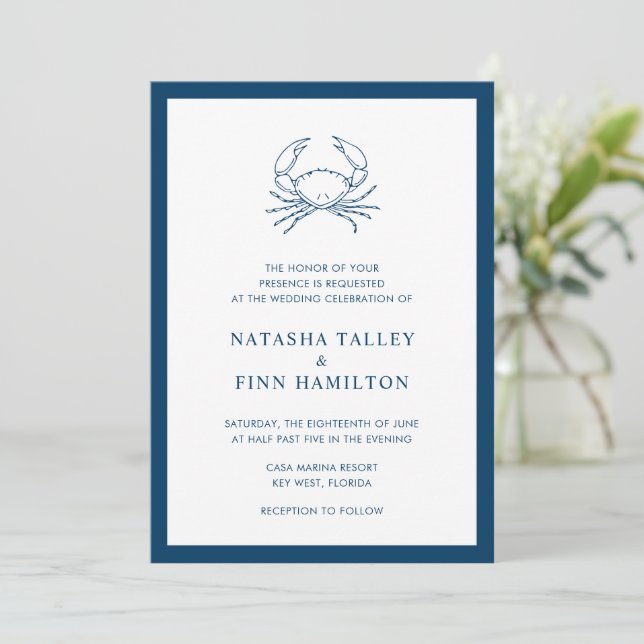 Nautical Navy Blue Crab Beach Elegant Wedding Invitation (Standing Front)