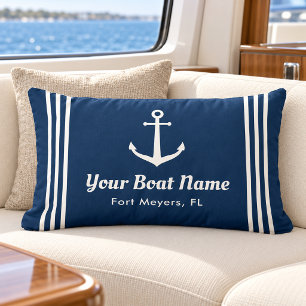 Nautical Navy Blue Custom Boat Name Anchor Lumbar Cushion