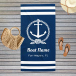 Nautical Navy Blue Custom Boat Name Beach Towel<br><div class="desc">Nautical beach towel in a vertical format features an elegant boat anchor framed by a knotted rope and accented with preppy horizontal stripes. Personalise the custom text with your boat name and location. Design includes a classic coastal navy blue and white colour scheme.</div>