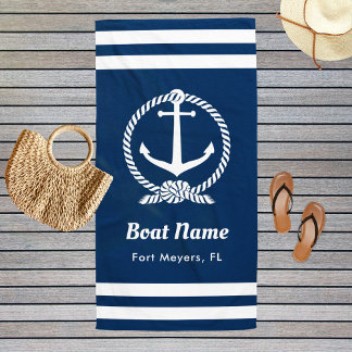 Nautical Navy Blue Custom Boat Name Beach Towel
