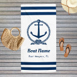 Nautical Navy Blue Custom Boat Name Beach Towel<br><div class="desc">Nautical beach towel in a vertical format features an elegant boat anchor framed by a knotted rope and accented with preppy horizontal stripes. Personalise the custom text with your boat name and location. Design includes a classic coastal navy blue and white colour scheme.</div>