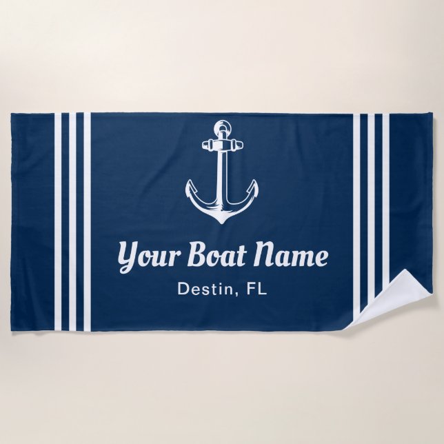 Nautical Navy Blue Custom Boat Name Beach Towel (Front)