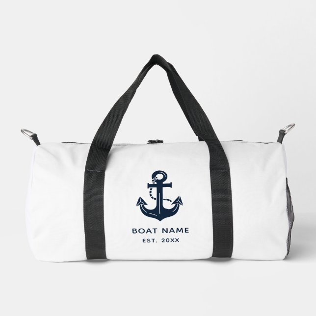Nautical Navy Blue Custom Boat Name Duffle Bag (Front)