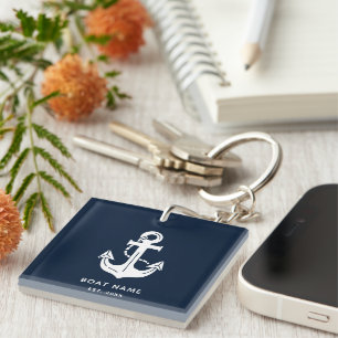 Nautical Navy Blue Custom Boat Name Key Ring