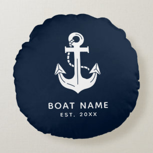 Nautical Navy Blue Custom Boat Name Round Cushion
