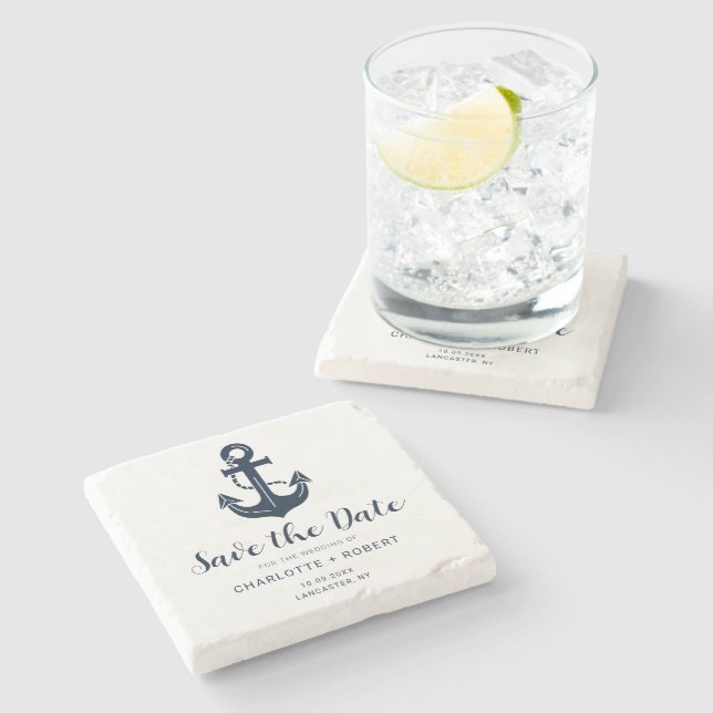 Nautical Navy Blue Custom Boat Name Save the Date  Stone Coaster (Side)
