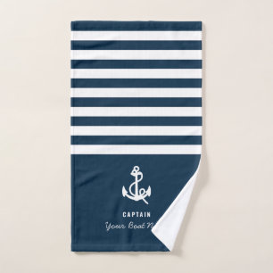 Nautical Navy Blue Custom Boat Name striped  Hand Towel