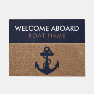 Nautical Navy Blue Custom Boat Name Welcome Aboard Doormat