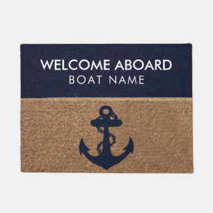 Nautical Navy Blue Custom Boat Name Welcome Aboard Doormat
