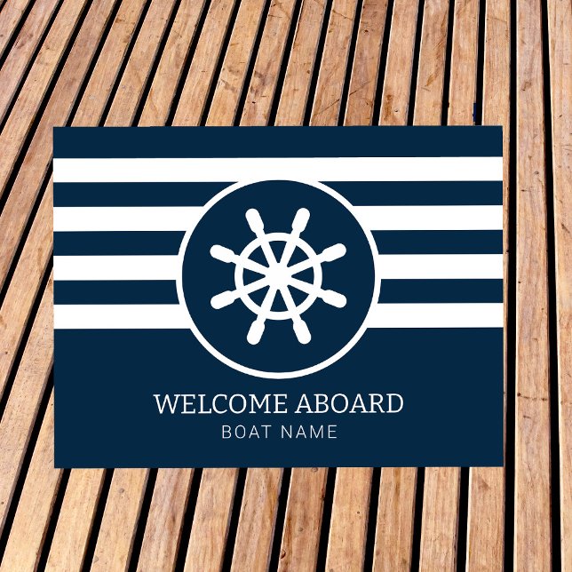 Nautical Navy Blue Custom Boat Name Welcome Aboard Doormat (Creator Uploaded)
