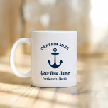 Nautical Navy Blue Custom Captain Boat Name Coffee Mug<br><div class="desc">Nautical custom coffee mug features a coastal style boat anchor with stylish typography design. Personalise the text with the name of the captain,  boat name,  and location. Makes a fun unique gift for boat owners. Classic navy blue and white colour scheme.</div>